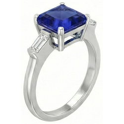 3 Stone Baguette Natural Earth Mined Diamond Ring Asscher Ceylon Blue Sapphire 4 Carats