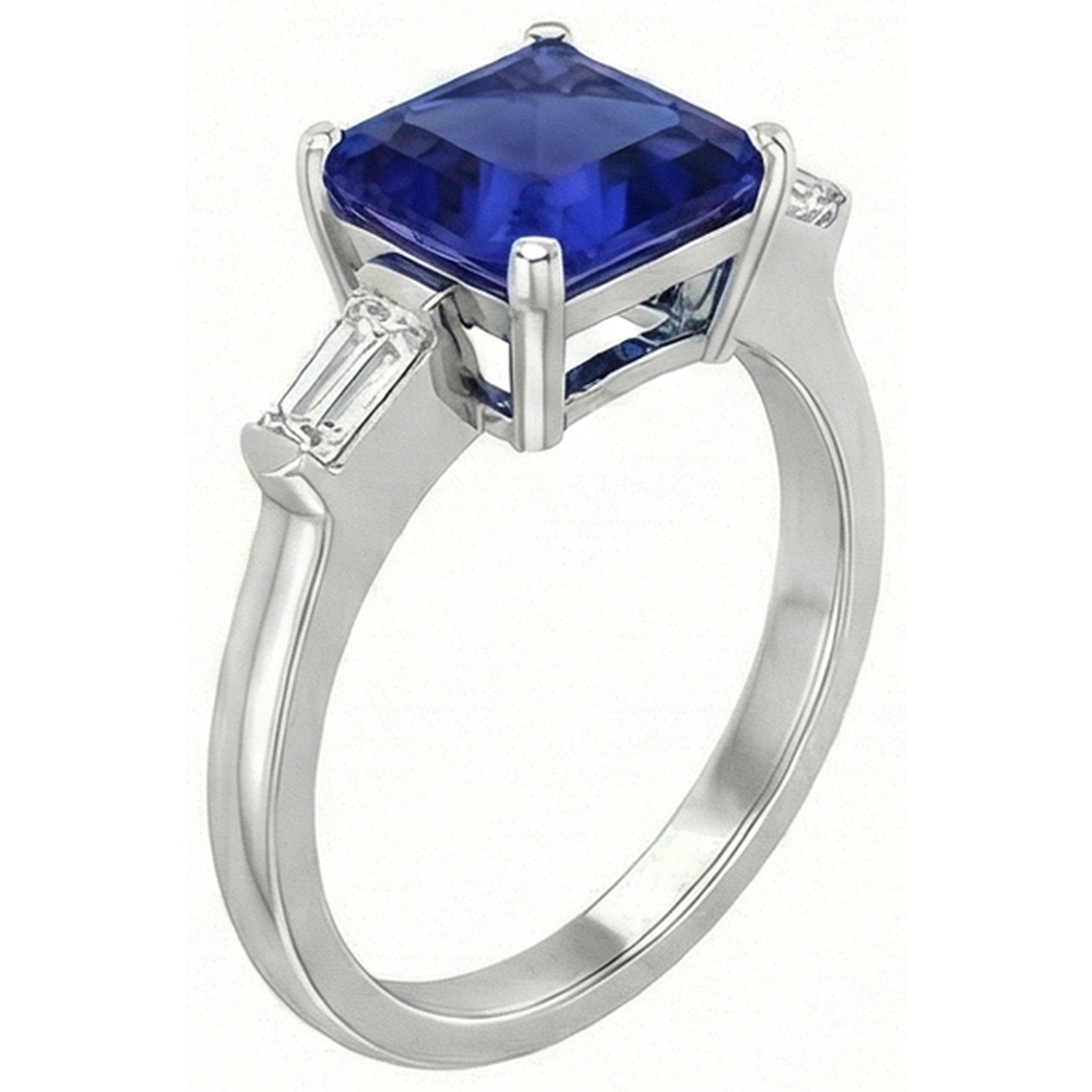 3 Stone Baguette Natural Earth Mined Diamond Ring Asscher Ceylon Blue Sapphire 4 Carats