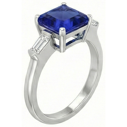 3 Stone Baguette Natural Earth Mined Diamond Ring Asscher Ceylon Blue Sapphire 4 Carats