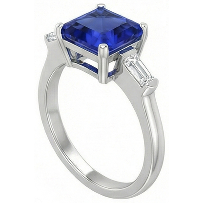 3 Stone Baguette Natural Earth Mined Diamond Ring Asscher Ceylon Blue Sapphire 4 Carats