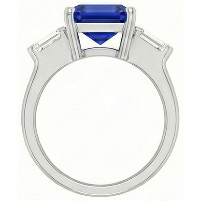3 Stone Baguette Natural Earth Mined Diamond Ring Asscher Ceylon Blue Sapphire 4 Carats