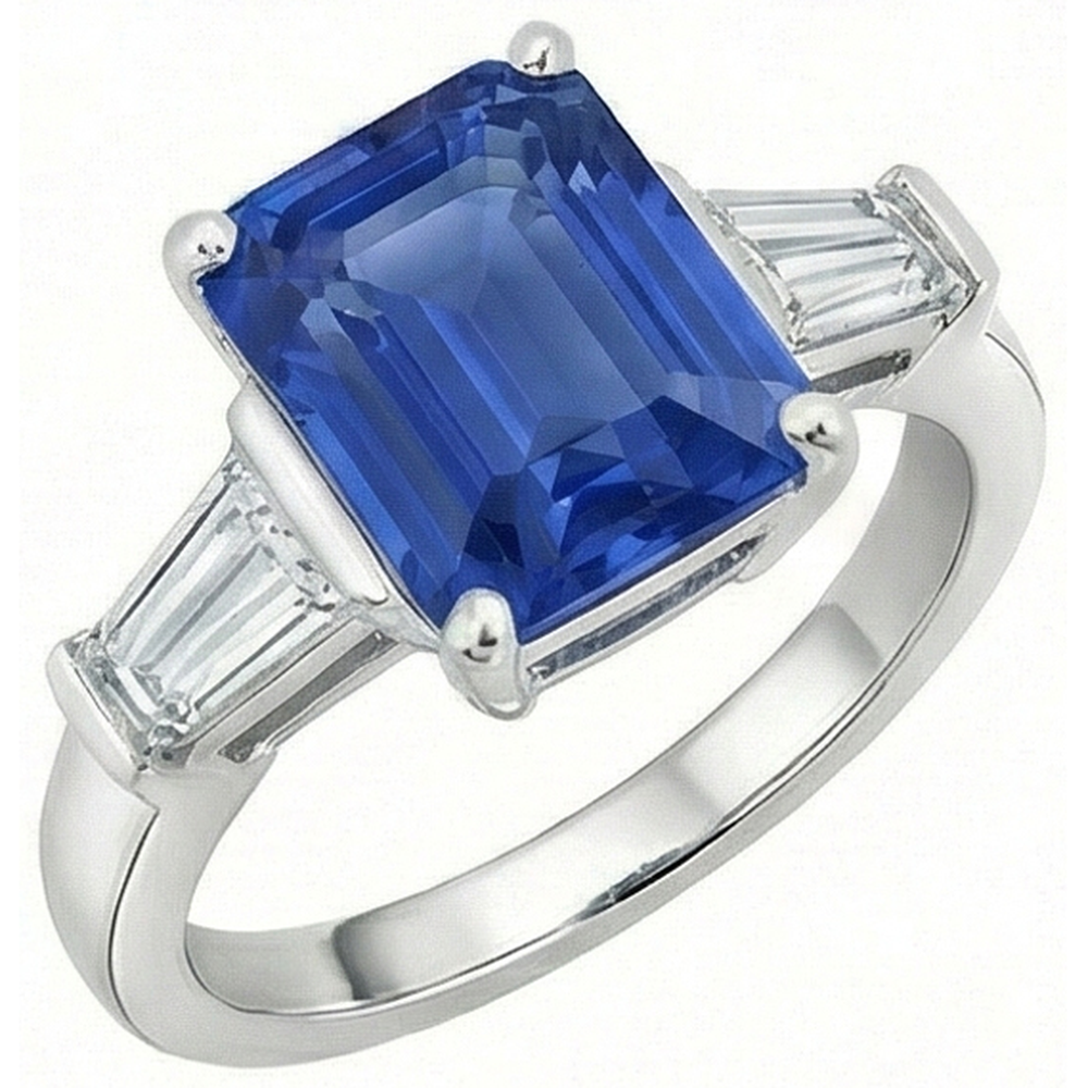 3 Stone Baguette Natural Earth Mined Diamond Sapphire Ring