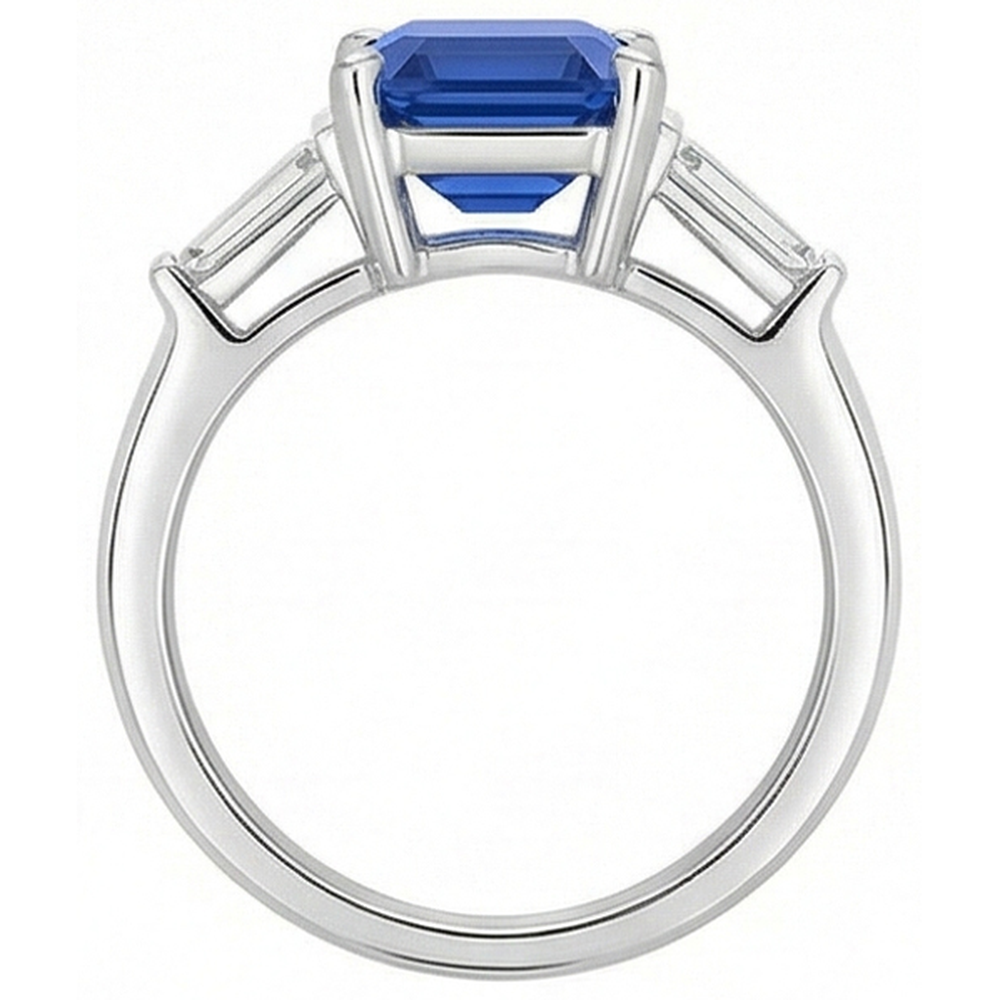 3 Stone Baguette Natural Earth Mined Diamond Sapphire Ring