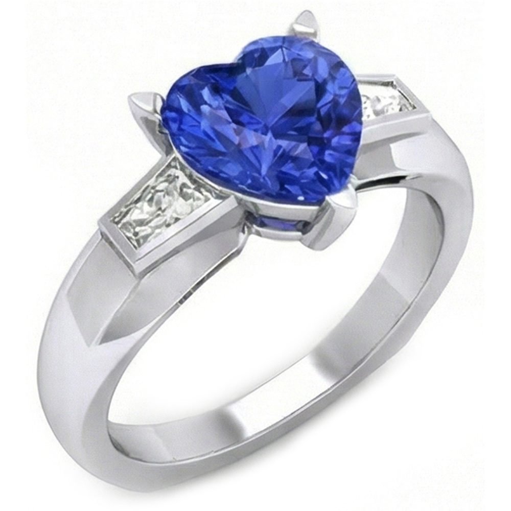 3 Stone Baguette Natural Earth Mined Diamond & Blue Sapphire Heart Shaped Ring 2.75 Carats
