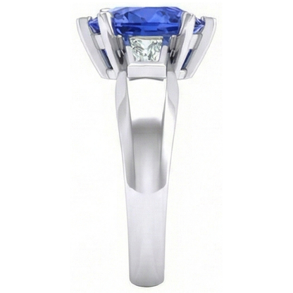 3 Stone Baguette Natural Earth Mined Diamond & Blue Sapphire Heart Shaped Ring 2.75 Carats