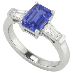 3 Stone Baguette Natural Earth Mined Diamonds Blue Sapphire Ring Emerald Cut 1.75 Carats