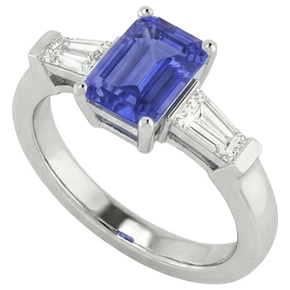 3 Stone Baguette Natural Earth Mined Diamonds Blue Sapphire Ring Emerald Cut 1.75 Carats