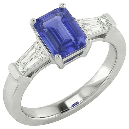 3 Stone Baguette Natural Earth Mined Diamonds Blue Sapphire Ring Emerald Cut 1.75 Carats