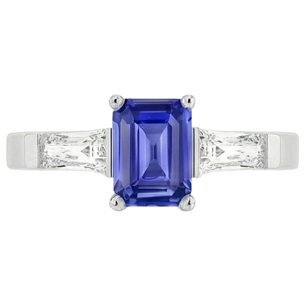 3 Stone Baguette Natural Earth Mined Diamonds Blue Sapphire Ring Emerald Cut 1.75 Carats