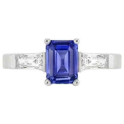 3 Stone Baguette Natural Earth Mined Diamonds Blue Sapphire Ring Emerald Cut 1.75 Carats