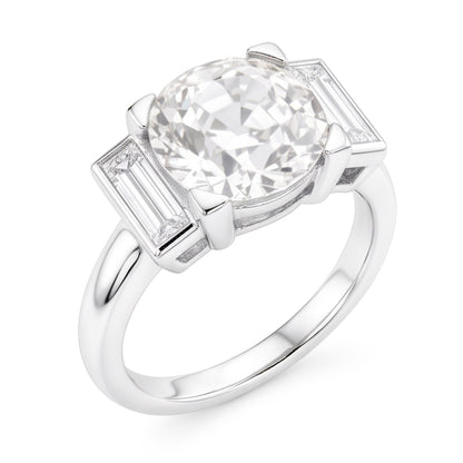 3 Stone Baguette & Round Old Miner Natural Real Diamond ( Not Lab Grown ) Ring 4.30 Carats 14K Gold