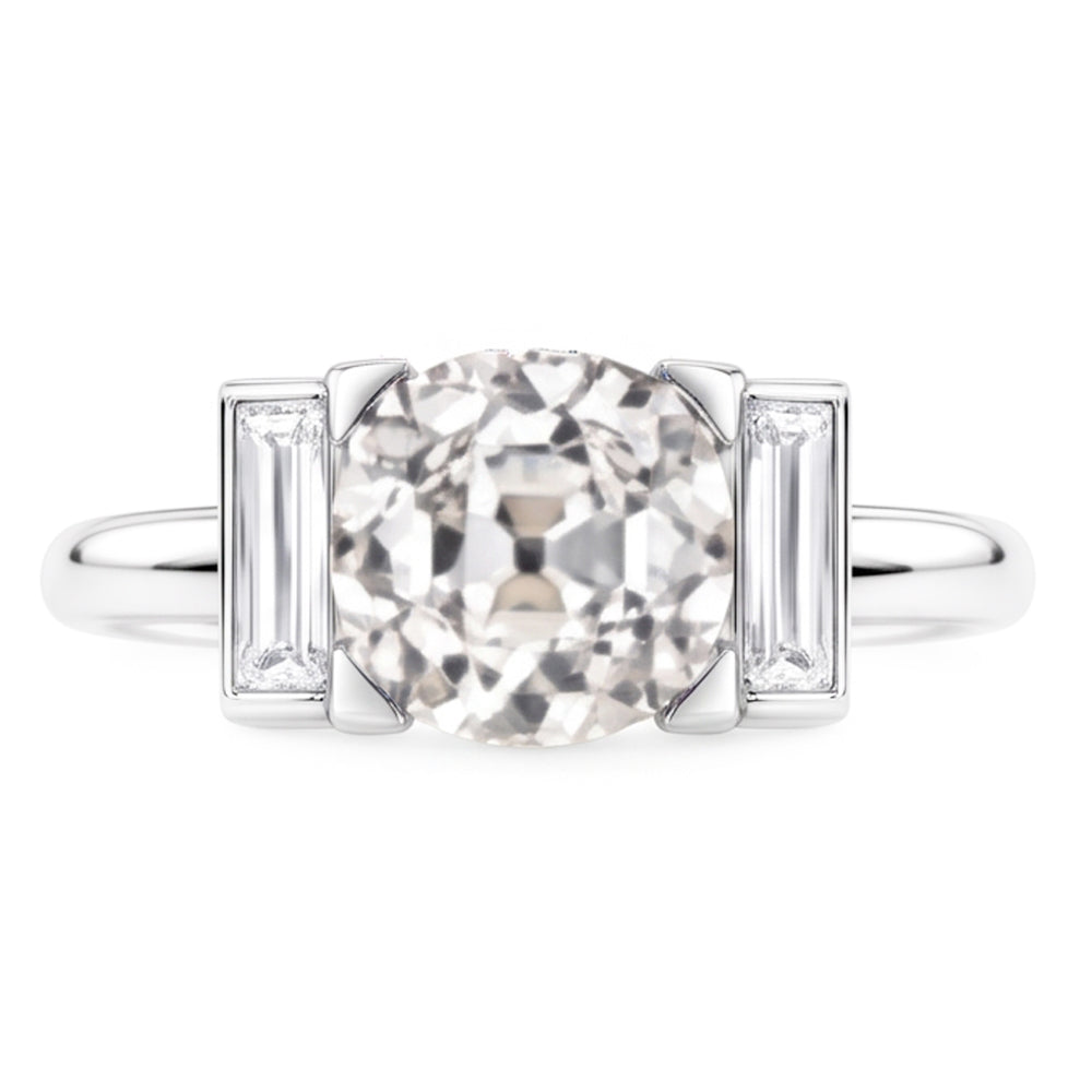 3 Stone Baguette & Round Old Miner Natural Real Diamond ( Not Lab Grown ) Ring 4.30 Carats 14K Gold
