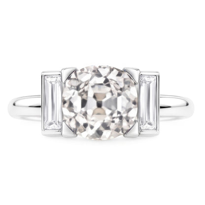 3 Stone Baguette & Round Old Miner Natural Real Diamond ( Not Lab Grown ) Ring 4.30 Carats 14K Gold
