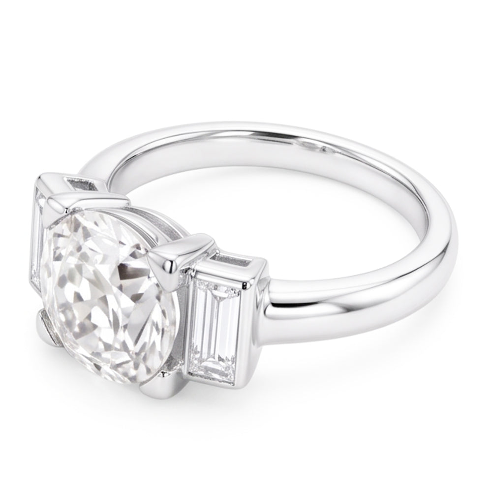 3 Stone Baguette & Round Old Miner Natural Real Diamond ( Not Lab Grown ) Ring 4.30 Carats 14K Gold