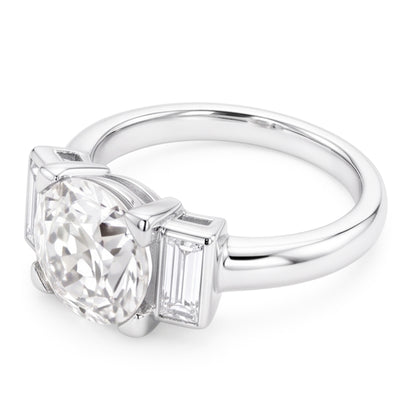 3 Stone Baguette & Round Old Miner Natural Real Diamond ( Not Lab Grown ) Ring 4.30 Carats 14K Gold