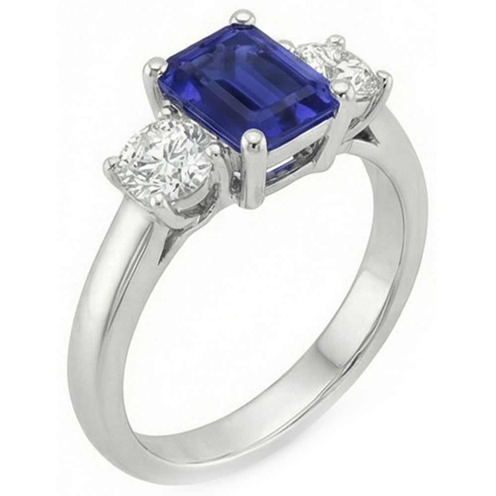 3 Stone Blue Emerald Sapphire Natural Earth Mined Diamond Ring 2.50 Carats