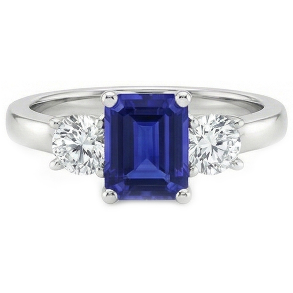 3 Stone Blue Emerald Sapphire Natural Earth Mined Diamond Ring 2.50 Carats