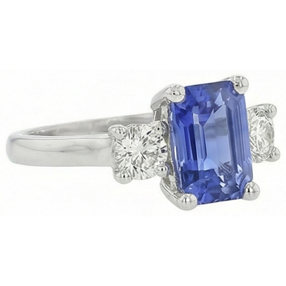 3 Stone Blue Sapphire Emerald & Round Natural Earth Mined Diamond Ring 2.50 Carats