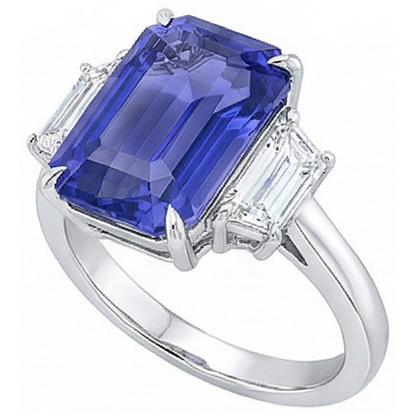 3 Stone Blue Sapphire Ring Emerald & Trapezoid Natural Earth Mined Diamonds 3.50 Carats