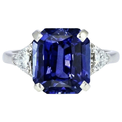 3 Stone Blue Sapphire Ring Emerald & Trapezoid Natural Earth Mined Diamonds 3.50 Carats