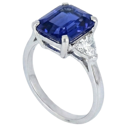 3 Stone Blue Sapphire Ring Emerald & Trapezoid Natural Earth Mined Diamonds 3.50 Carats