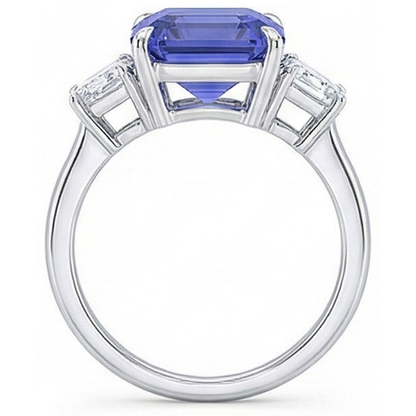 3 Stone Blue Sapphire Ring Emerald & Trapezoid Natural Earth Mined Diamonds 3.50 Carats