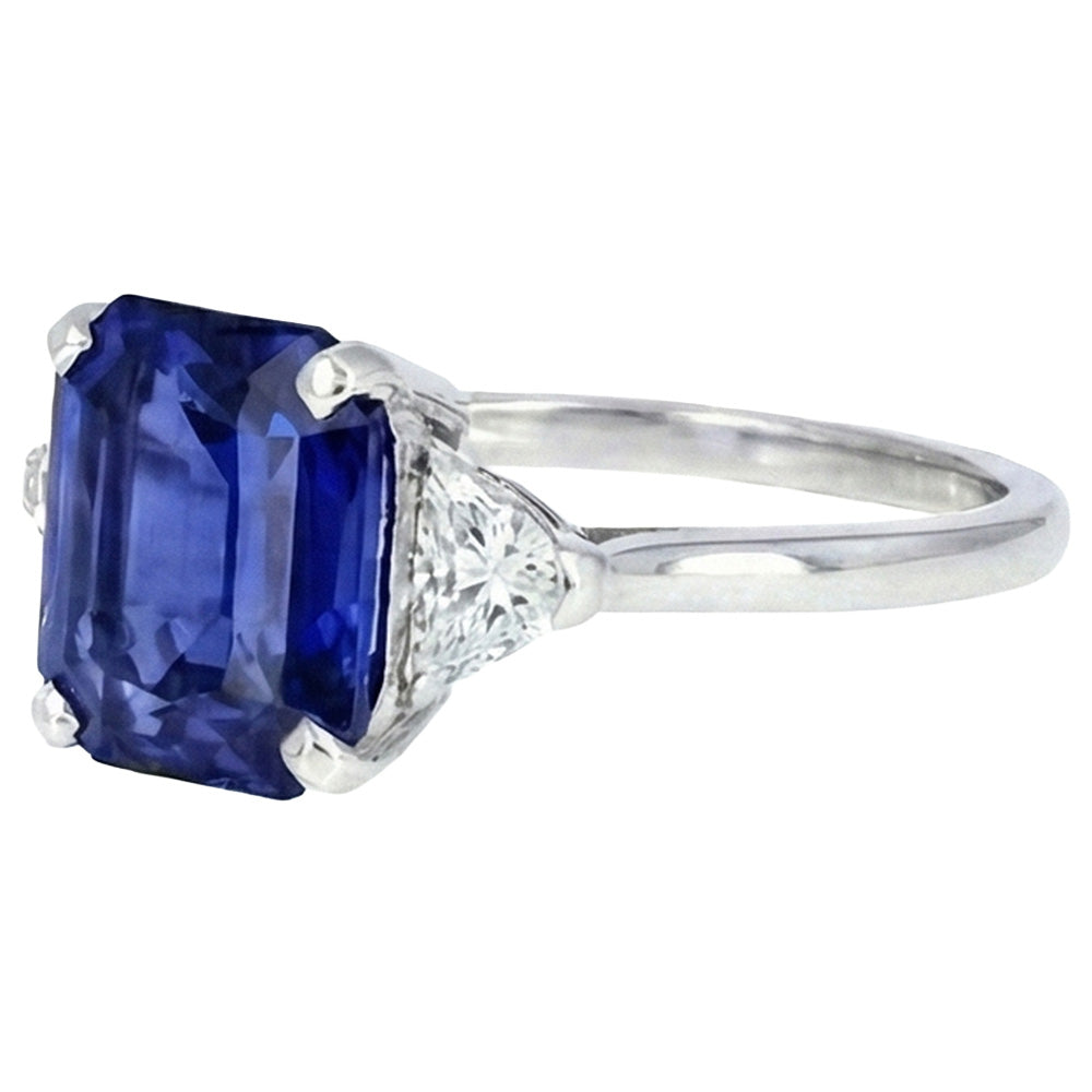 3 Stone Blue Sapphire Ring Emerald & Trapezoid Natural Earth Mined Diamonds 3.50 Carats