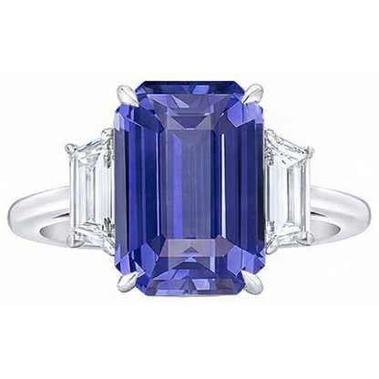 3 Stone Blue Sapphire Ring Emerald & Trapezoid Natural Earth Mined Diamonds 3.50 Carats