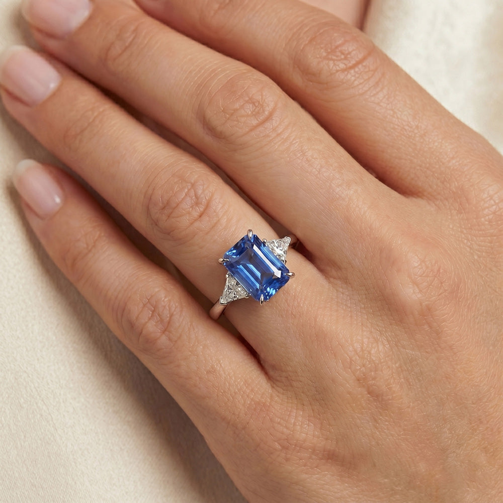 3 Stone Blue Sapphire Ring Small Trillion Natural Earth Mined Diamonds Jewelry 2.75 Carats