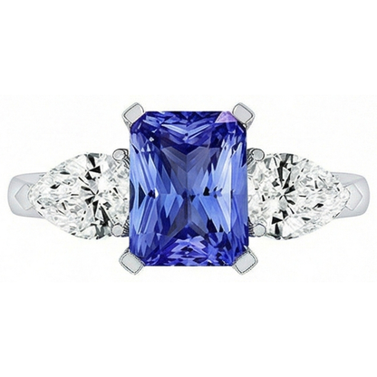 3 Stone Cathedral Setting Pear Natural Earth Mined Diamond Sapphire Ring White Gold