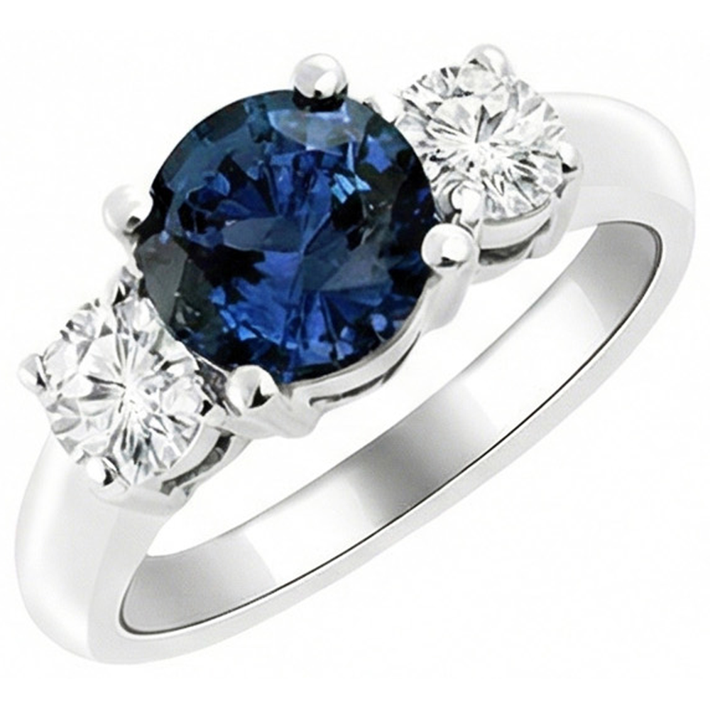 3 Stone Ceylon Blue Sapphire & Natural Earth Mined Diamond Ring 4.50 Carats White Gold 14K
