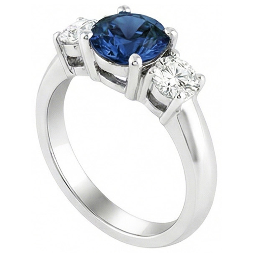 3 Stone Ceylon Blue Sapphire & Natural Earth Mined Diamond Ring 4.50 Carats White Gold 14K