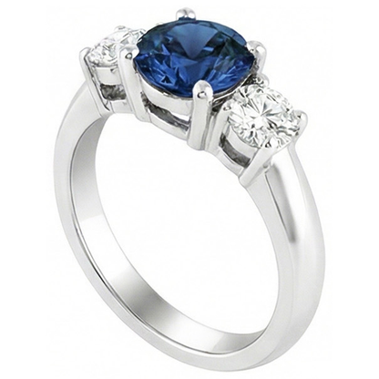 3 Stone Ceylon Blue Sapphire & Natural Earth Mined Diamond Ring 4.50 Carats White Gold 14K