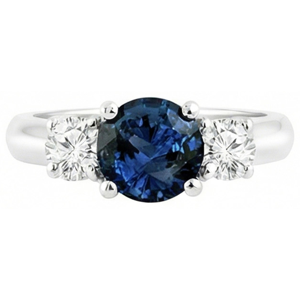 3 Stone Ceylon Blue Sapphire & Natural Earth Mined Diamond Ring 4.50 Carats White Gold 14K