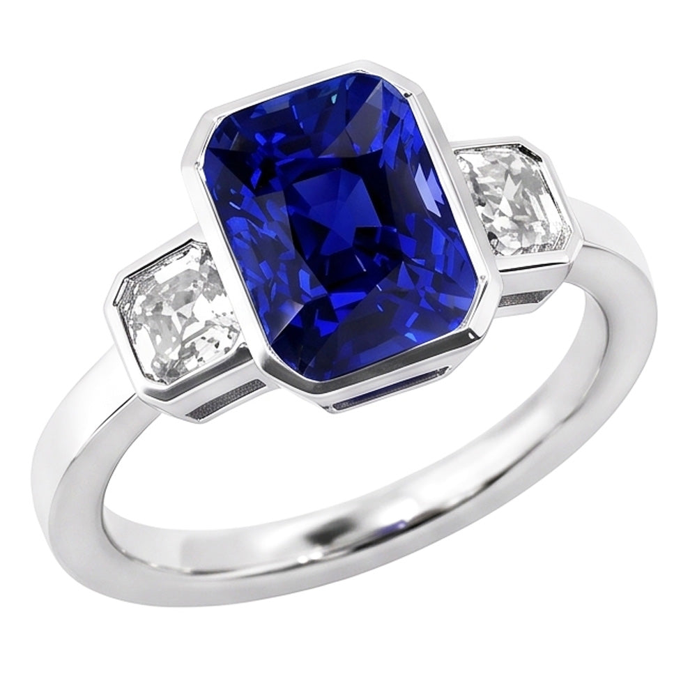 3 Stone Cushion Bezel Set Blue Sapphire & Natural Earth Mined Diamond Ring 3.50 Carats