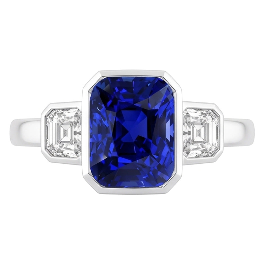 3 Stone Cushion Bezel Set Blue Sapphire & Natural Earth Mined Diamond Ring 3.50 Carats