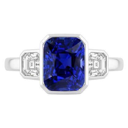 3 Stone Cushion Bezel Set Blue Sapphire & Natural Earth Mined Diamond Ring 3.50 Carats