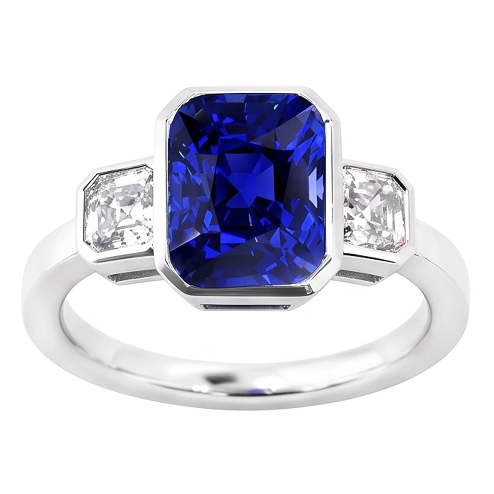 3 Stone Cushion Bezel Set Blue Sapphire & Natural Earth Mined Diamond Ring 3.50 Carats