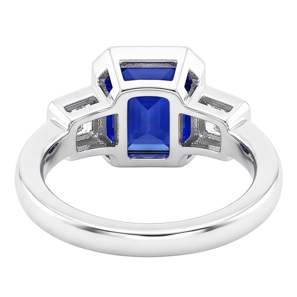 3 Stone Cushion Bezel Set Blue Sapphire & Natural Earth Mined Diamond Ring 3.50 Carats