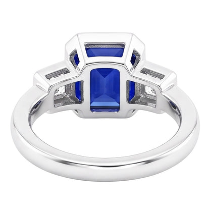 3 Stone Cushion Bezel Set Blue Sapphire & Natural Earth Mined Diamond Ring 3.50 Carats