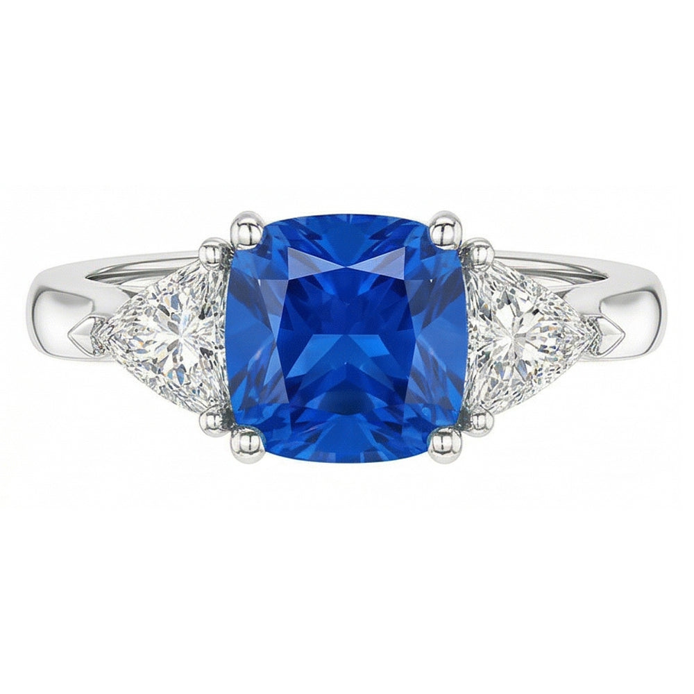 3 Stone Cushion Light Blue Sapphire Ring 1.50 Carats Trillion Natural Earth Mined Diamonds
