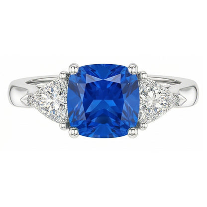 3 Stone Cushion Light Blue Sapphire Ring 1.50 Carats Trillion Natural Earth Mined Diamonds
