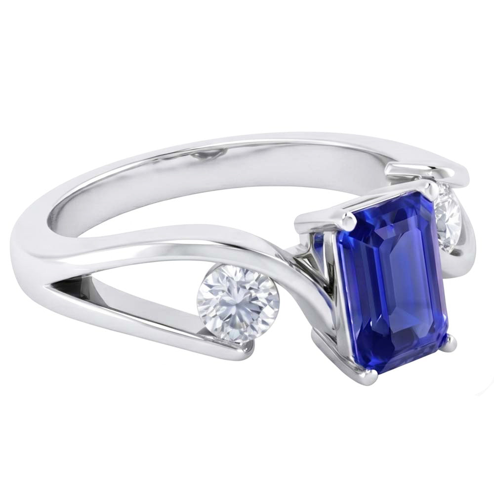 3 Stone Emerald Blue Sapphire Ring Tension Style Natural Earth Mined Diamonds 2.50 Carats