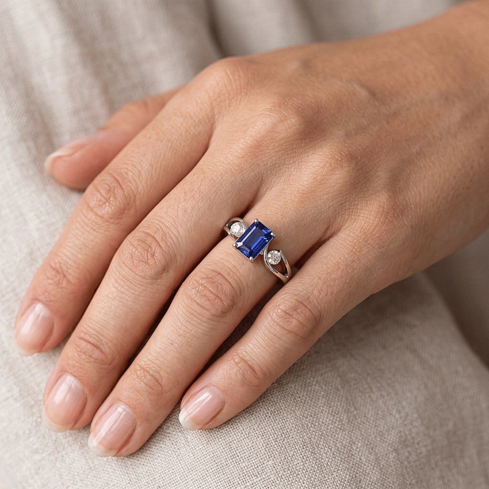 3 Stone Emerald Blue Sapphire Ring Tension Style Natural Earth Mined Diamonds 2.50 Carats