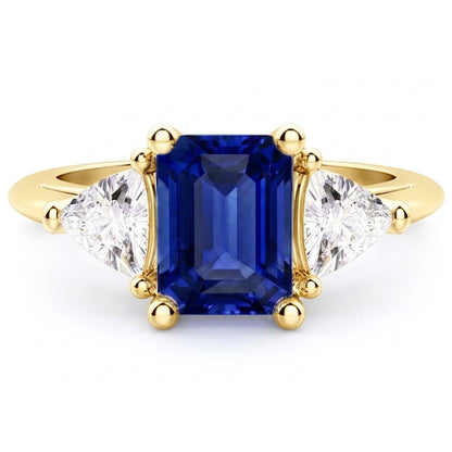 3 Stone Emerald Blue Sapphire Ring With Trillion Natural Earth Mined Diamonds 2.50 Carats