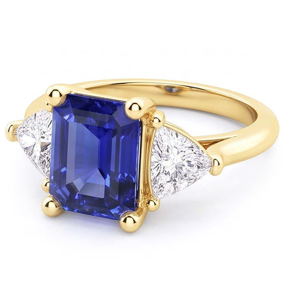 3 Stone Emerald Blue Sapphire Ring With Trillion Natural Earth Mined Diamonds 2.50 Carats