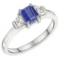 3 Stone Emerald Blue Sapphire Ring & Trapezoid Natural Earth Mined Diamonds 1.50 Carats