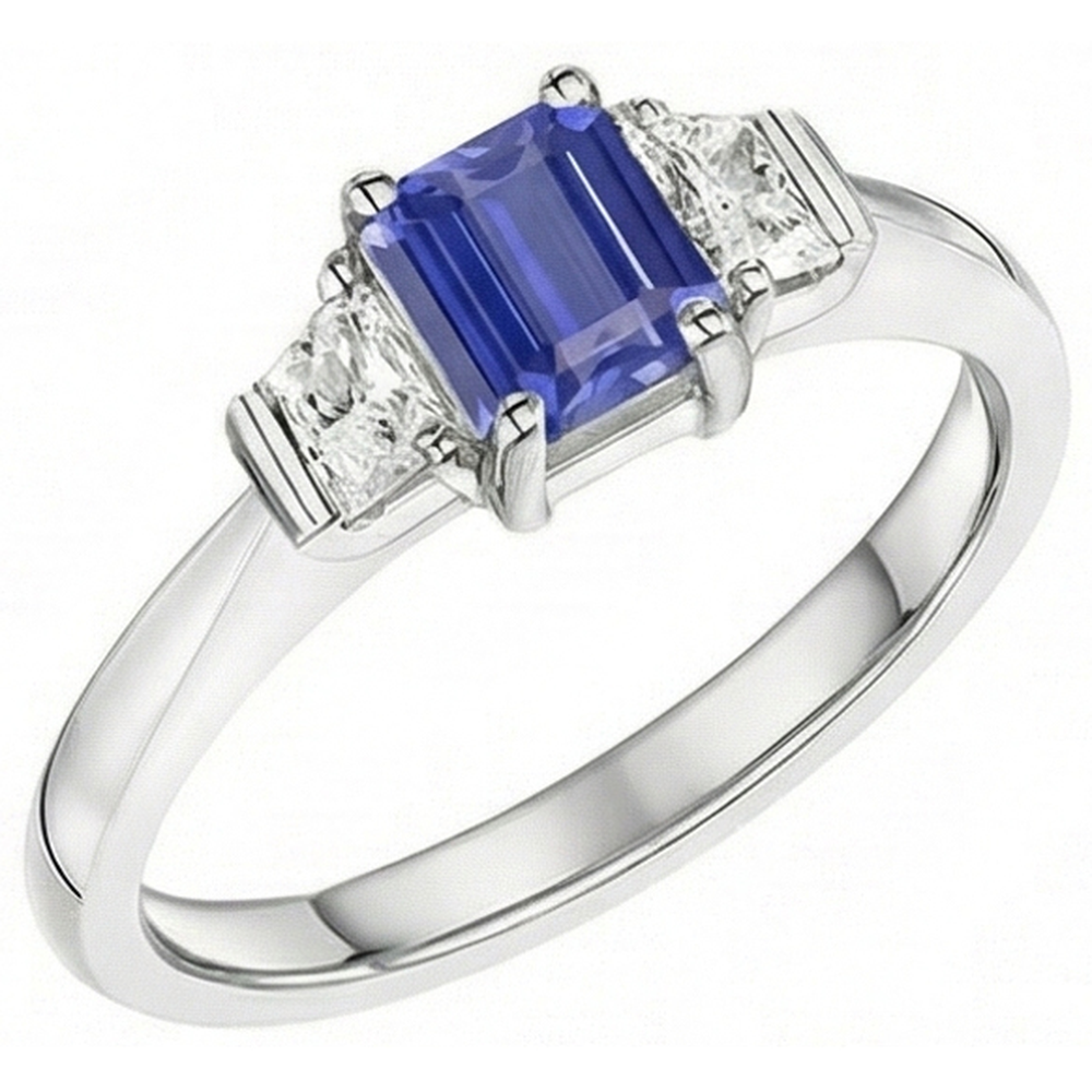 3 Stone Emerald Blue Sapphire Ring & Trapezoid Natural Earth Mined Diamonds 1.50 Carats