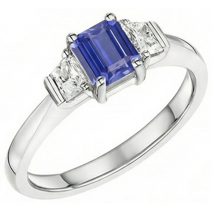 3 Stone Emerald Blue Sapphire Ring & Trapezoid Natural Earth Mined Diamonds 1.50 Carats