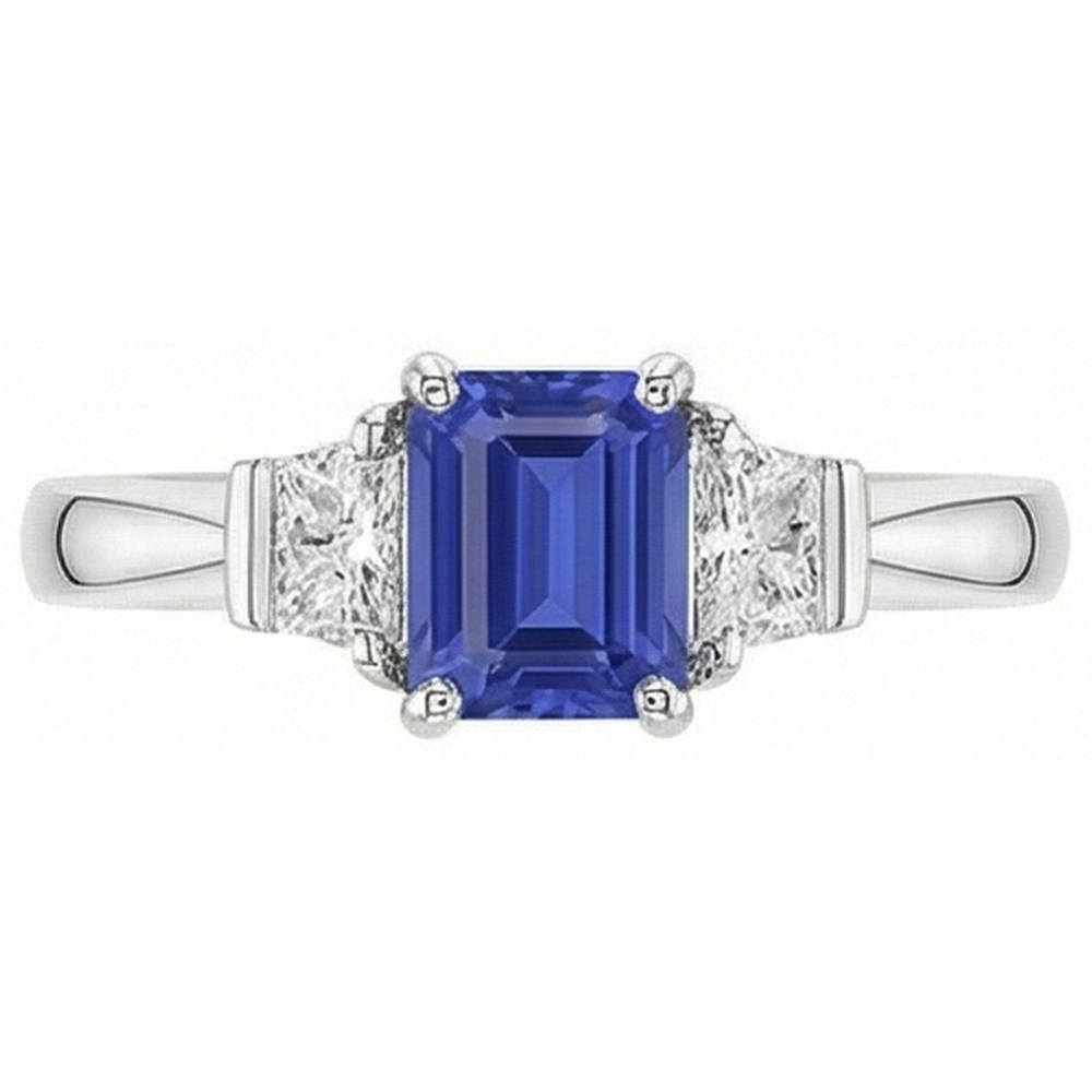 3 Stone Emerald Blue Sapphire Ring & Trapezoid Natural Earth Mined Diamonds 1.50 Carats